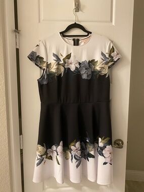Ted Baker Black White Floral Border Fit-and-Flare Midi Dress NWT